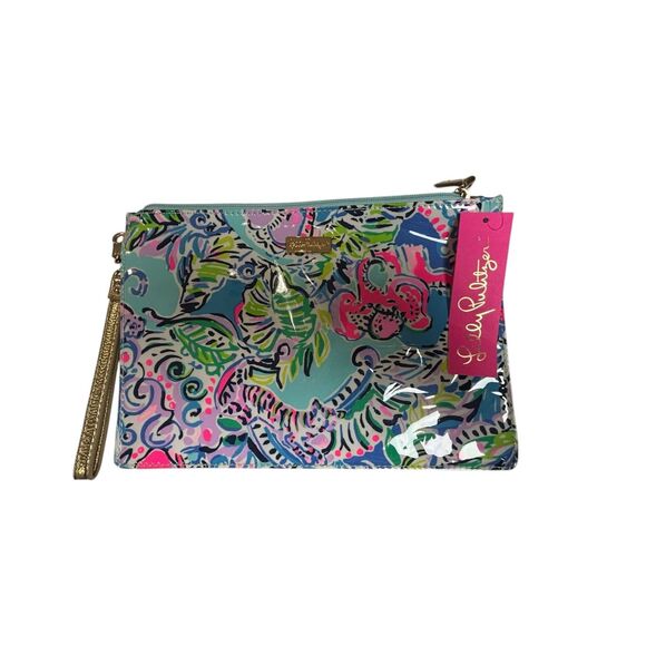 Lilly Pulitzer Pencil Pouch Womens Multicolor Print Gold Wrist Strap Zipper Case - Picture 2 of 4